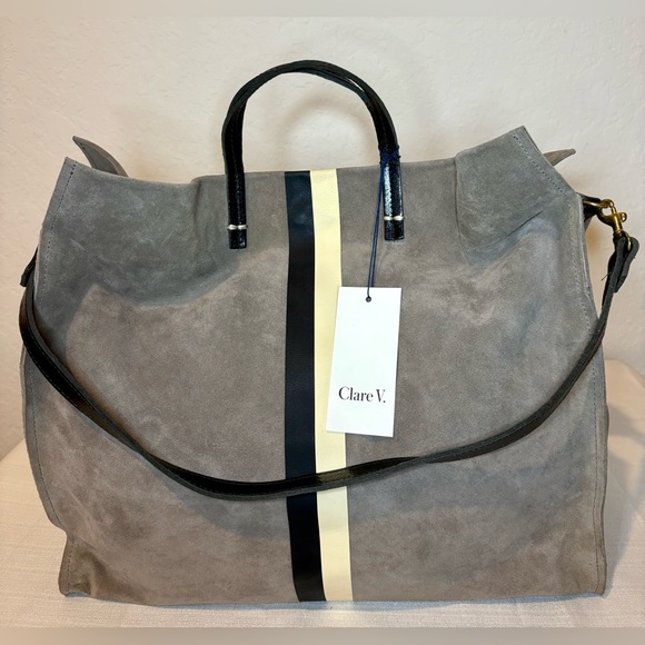 Clare V Handbags - Clare V Gray Suede Messenger Tote Bag with Black and Cream Stripe
